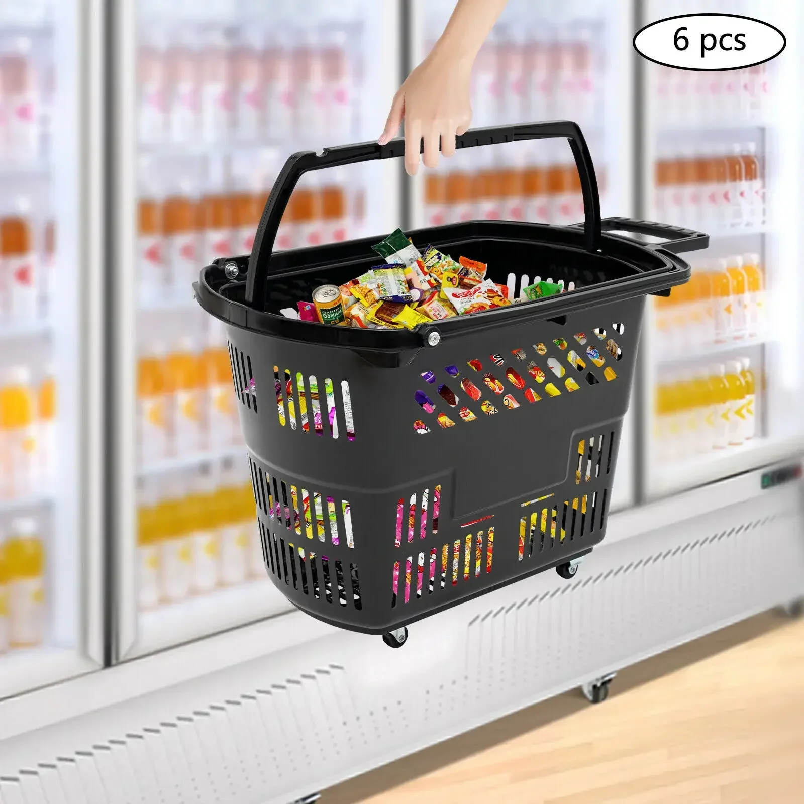 6個パック 35L ホイール付きローリングバスケット – プラスチックマーケットショッピングバスケット