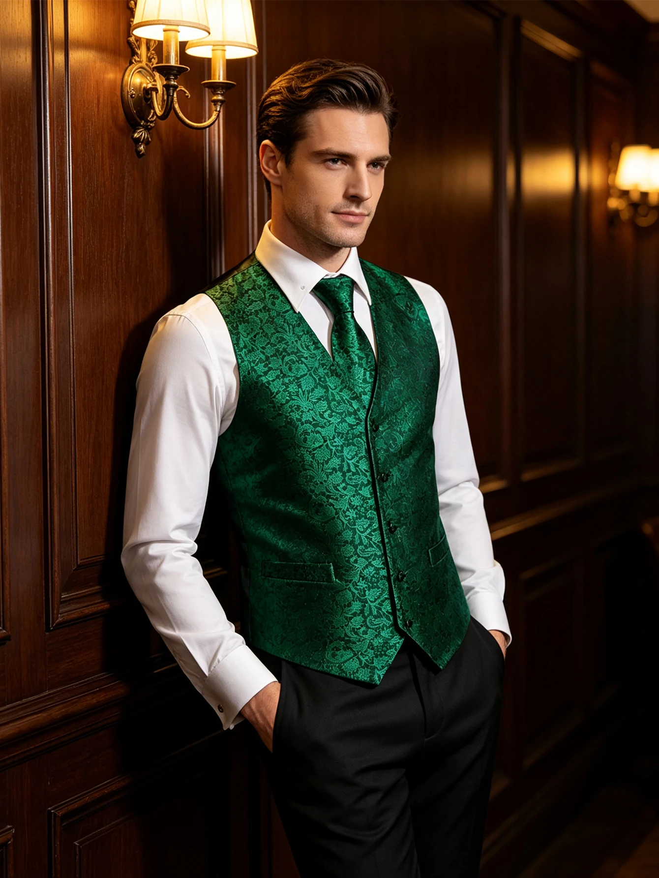 Emerald Green Floral V-Neck Waistcoat Accessory Kit Tie Pocket Square Cufflinks For Outdoor Wedding Bridal Event