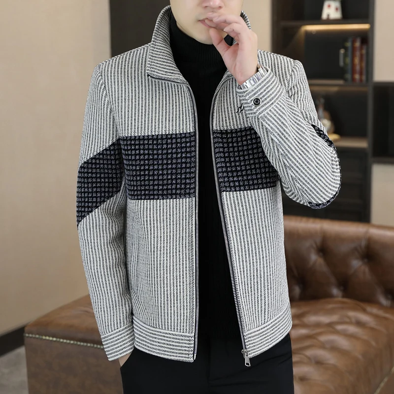 

2023 Autumn Winter Golden Mink Wool Blends Coats Men Fashion Spliced Stand Collar Woolen Jackets Warm Casual Business Overcoat