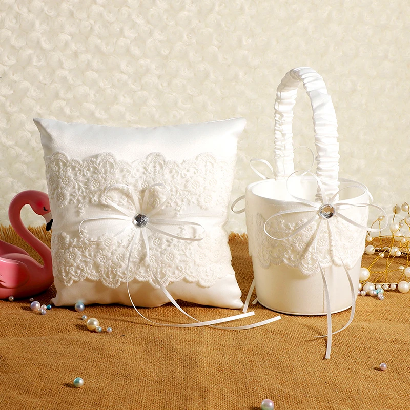 

Flower Girl Basket Ring Pillow Set Wedding Ring Pillow Satin Bow Wedding Flower Basket Lace Pearl Ring Bearer Pillow Party Decor