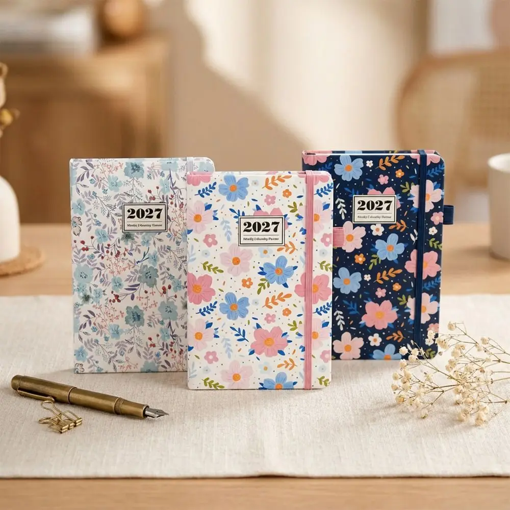 English 2027 Schedule Planner Notepad 12 Months Flower Design A5 Agenda Planning Notebook Simple Leather Cover