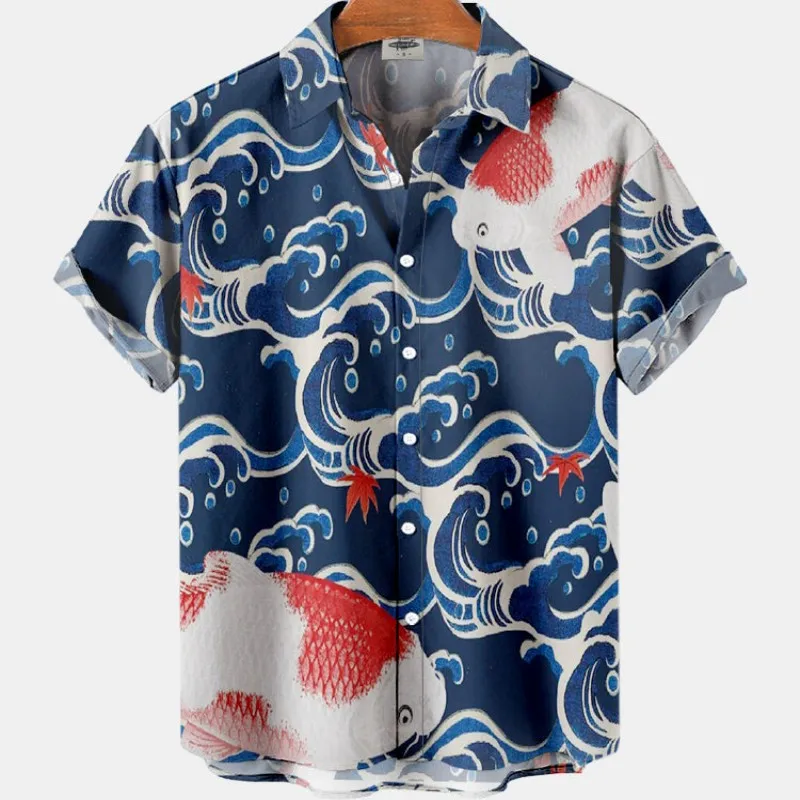 3D Men\'s Floral Casual Social Summer Hawaiian Short Sleeve Shirt Street Koi Carp Luxury Blouse Outdoor Clothes Top Fit Camisa