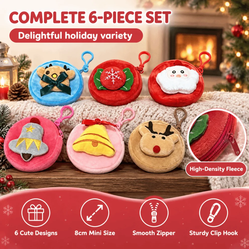 6 Stück niedliche Weihnachts-Geldbörsen mit Glockenmotiv, Cartoon-Elch-Mini-Geldbörse, praktischer Weihnachtsmann-Schlüsselanhänger, Reißverschlussbeutel, Weihnachtsgeschenk – Detail 9