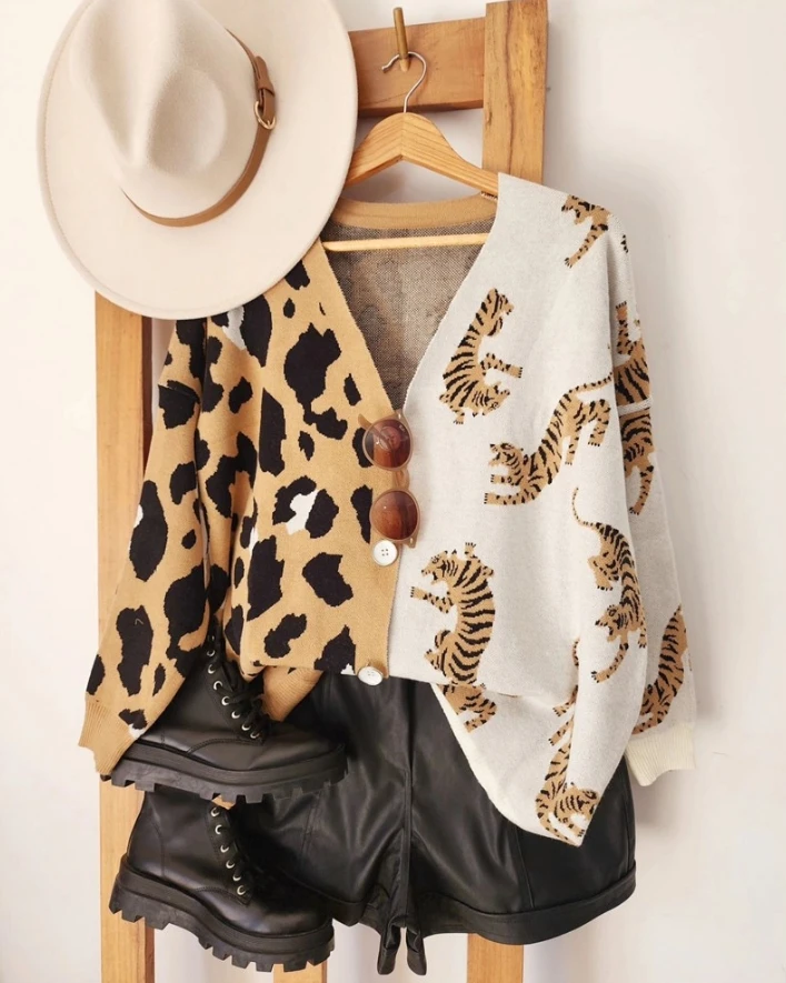 Casual Clothing Colorblock Leopard Tiger Pattern V-Neck Button Down Knit Cardigan Women's New Fashion Long Sleeve Cardigan Coat