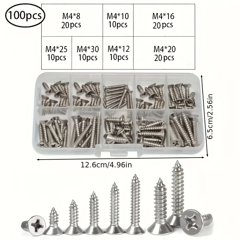 100pcs 304 Stainless Steel Cross Countersunk Self-Tapping Screw Assorted Set Flat Head Cross Screw Set