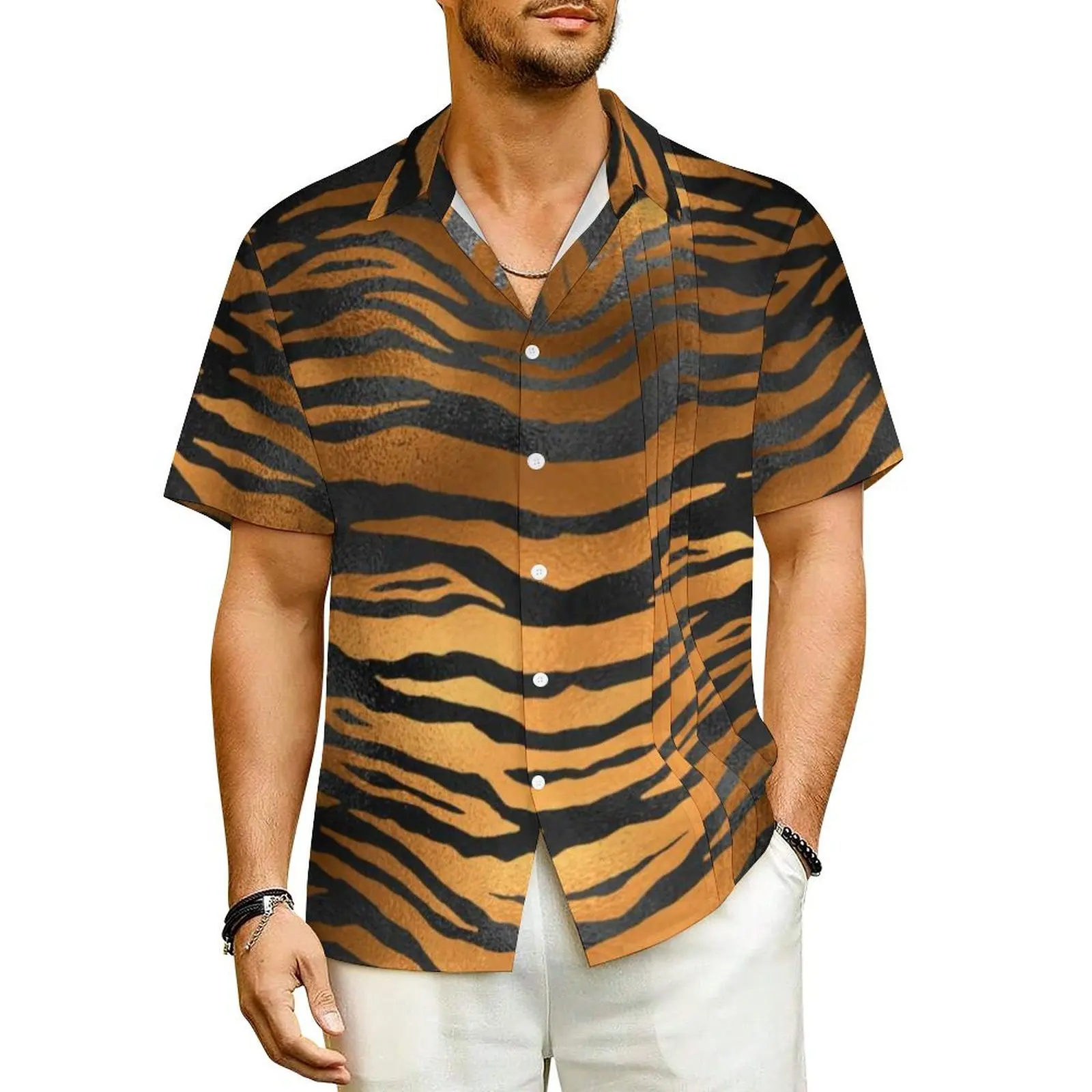 

Tiger Stripes Beach Shirt Black Brown Animal Skin Summer Casual Shirts Man Elegant Blouses Short-Sleeve Korean Fashion Clothing