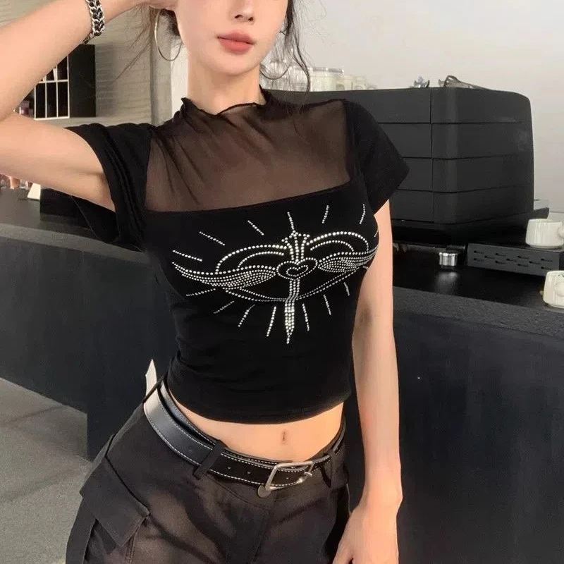 Korean Fashion Women's Clothing Round Neck Solid Color Pullover Summer Short Sleeve Geometric Rhinestone T-shirt Casual Tops