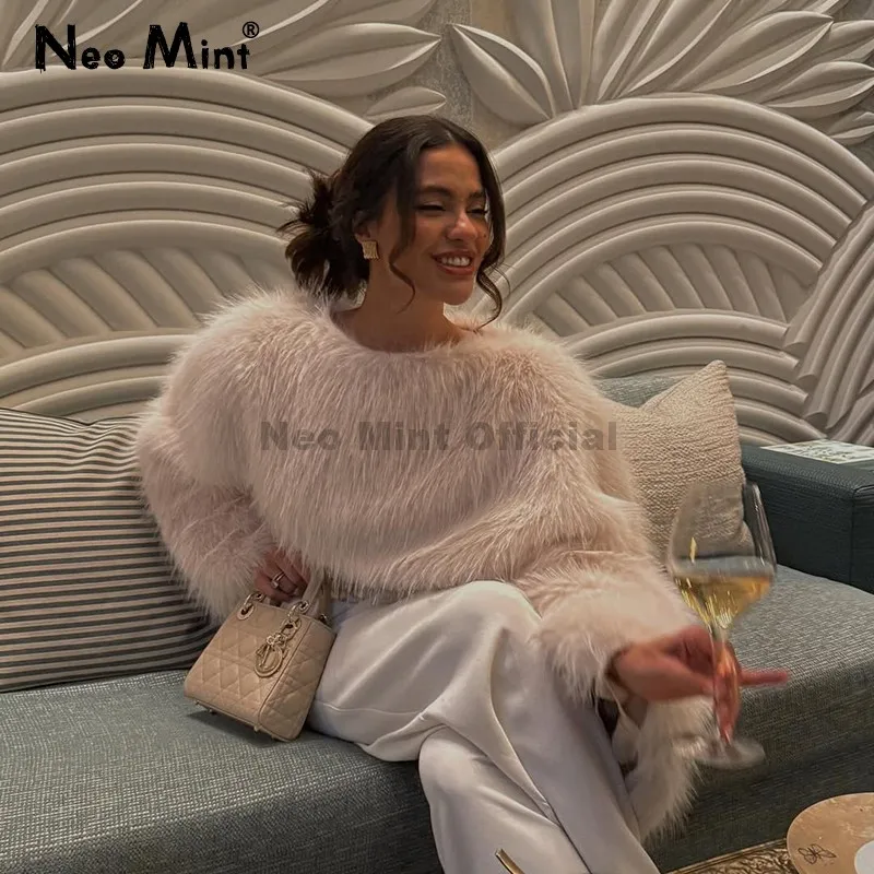 

Neo Mint Eco Friendly Faux Fur Crop Top Pullovers 2025 Winter Fur Cape Streetwear Coat Ins Chic Street Girl Furry Fox Fur Jacket