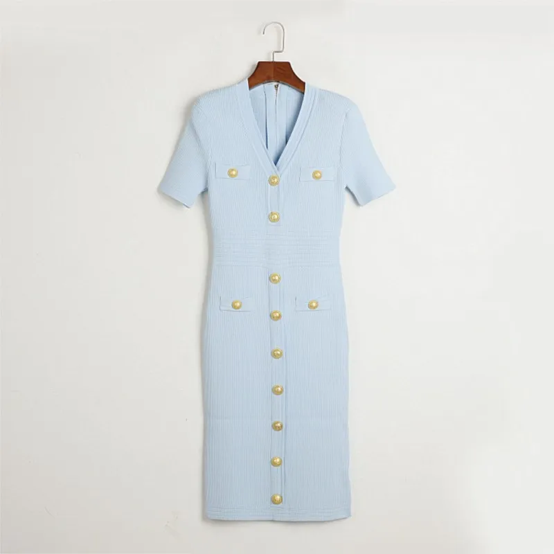 Gonna lunga in maglia a maniche corte 2025 Nuovo monopetto in metallo Elegante abito primavera estate Cerniera scollo a V Fahsion Abiti da donna