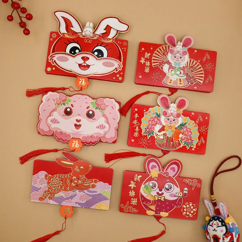 2023 Chinese New Year Cute Rabbit Pattern Three-dimensional Red Envelope Spring Festival Foldable Red Packet Multi Card Position