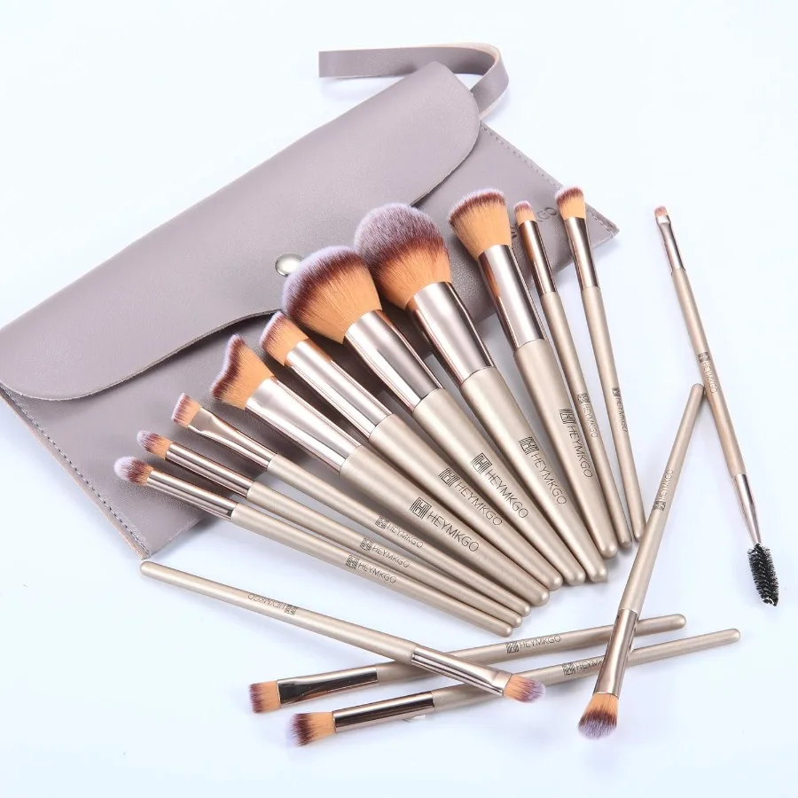 Juego de brochas de maquillaje profesional, 15 Uds., color champán dorado, para mezclar bases, colorete en polvo, corrector y aplicación de maquillaje de ojos