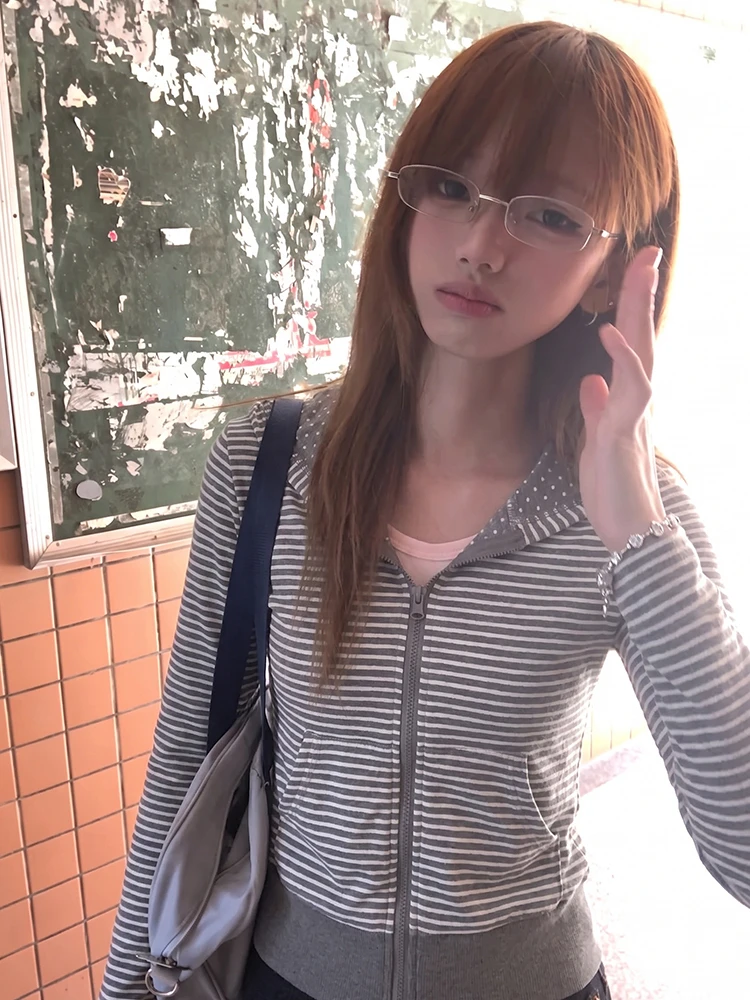 Tonngirls Y2k Japanische gestreifte Kapuzenpullover für Damen, langärmelig, Vintage-Oberteile, Streetwear, amerikanische Retro-Kapuzenpullover mit Reißverschluss, Fairycore 2000er Jahre – Detail 5