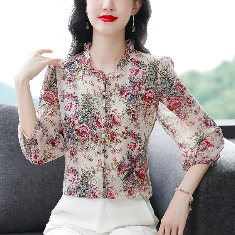 

2024 Spring Summer Women Shirt New Fashion Silk Chiffon Blouse Printed Stand Collar 3/4 Sleeve Floral Printed Tops