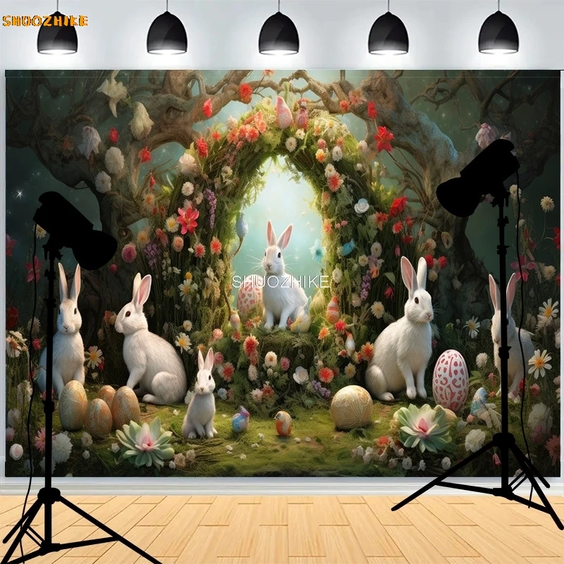 Pastel Happy Easter Day การถ่ายภาพฉากหลัง Prop กับ Bunch ไข่ฟักทองกระต่ายเด็ก Portrait Party ภาพพื้นหลัง ES-03