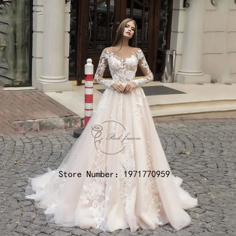 Customized Luxury Long Sleeve Wedding Gowns For Princess Scoop Neck A-Line Applique Elegant Applique Bridal Dress Robe De Marié