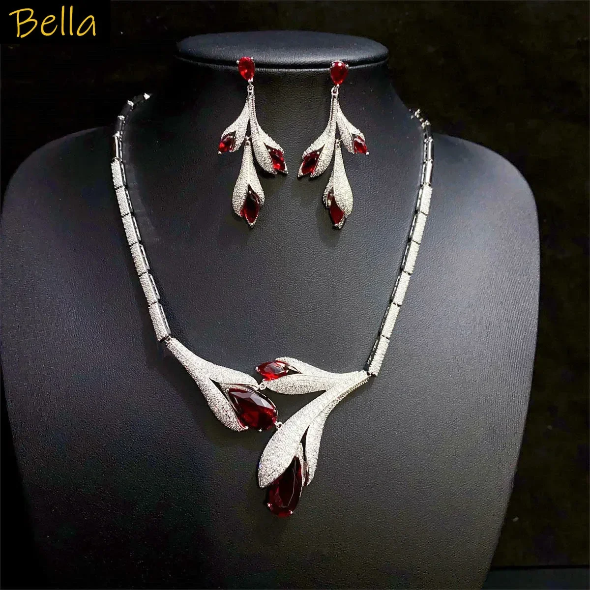 Wedding Jewelry Sets Bride Bridesmaid Necklace Earrings Flower Tulip Jewelry Red Green Blue Shiny Zircon Banquet Accessories