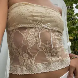 Fashion Women's Lace Tube Tops Strapless Tie-Up Front Embroidery Sheer Bandeau Women's Crop Tops Streetwear Y2k Summer Camis