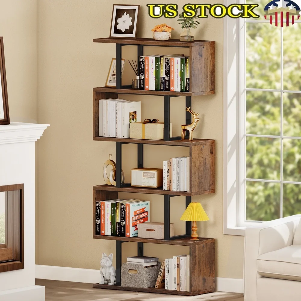 

S-Shaped 6-Tier Geometric Bookshelf Wooden Open Display Storage Rack Freestanding Z-Shelf Modern Home Office Furniture