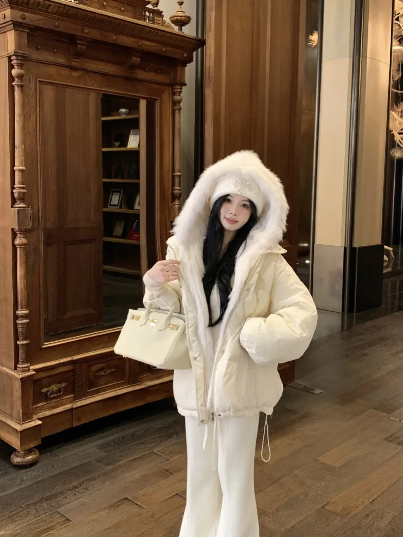 화이트 퍼 칼라 후드 코튼 재킷 여성용 겨울 신상 따뜻한 다운 재킷 다용도 허리 조임 한국 스타일 긴 소매