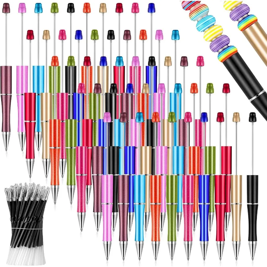 

100 шт., пластиковая ручка с бисером, оптовый комплект, 50 шариковых ручек с бусинами, черные чернильные ручки с бисером и 50 стержнями для самостоятельного изготовления Рождества