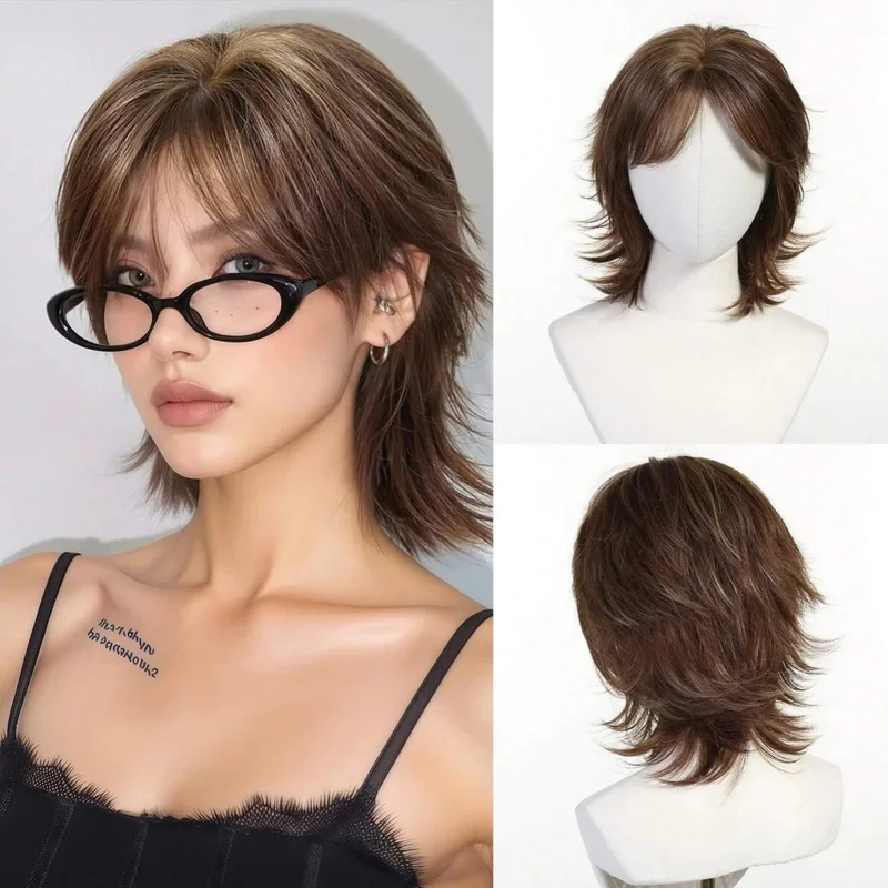 8 Chocolate Brown Short Pixie Cut with Bangs Straight Layered Synthetic Wig