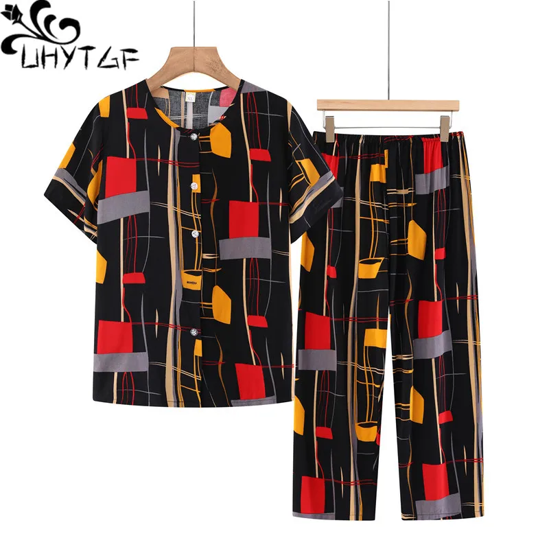 UHYTGF Women\'s Summer Two-Piece Set Printed Cotton Silk Thin Home Clothes Middle-Aged Elderly Loose Big Size Tracksuit Suit 2426
