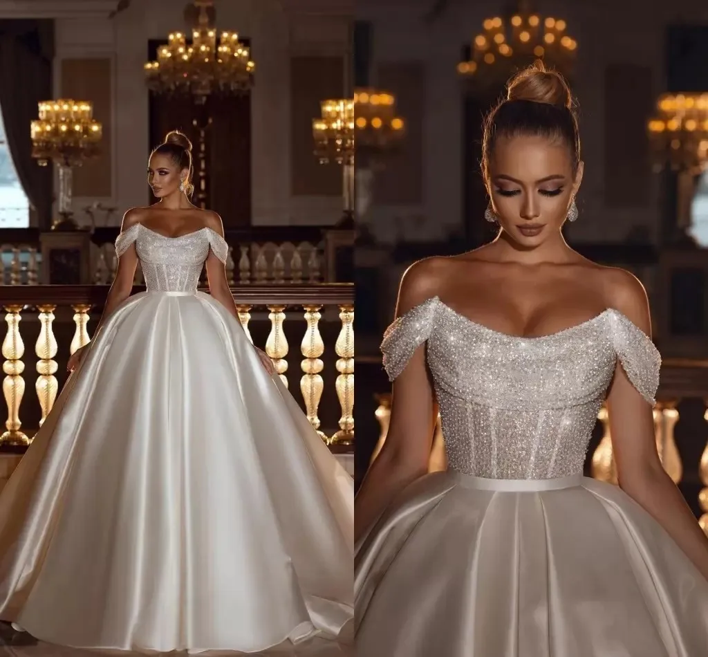 Vestido De novia fruncido sin mangas con hombros descubiertos y lentejuelas brillantes para mujer, vestido De novia De corte en tren, 2023