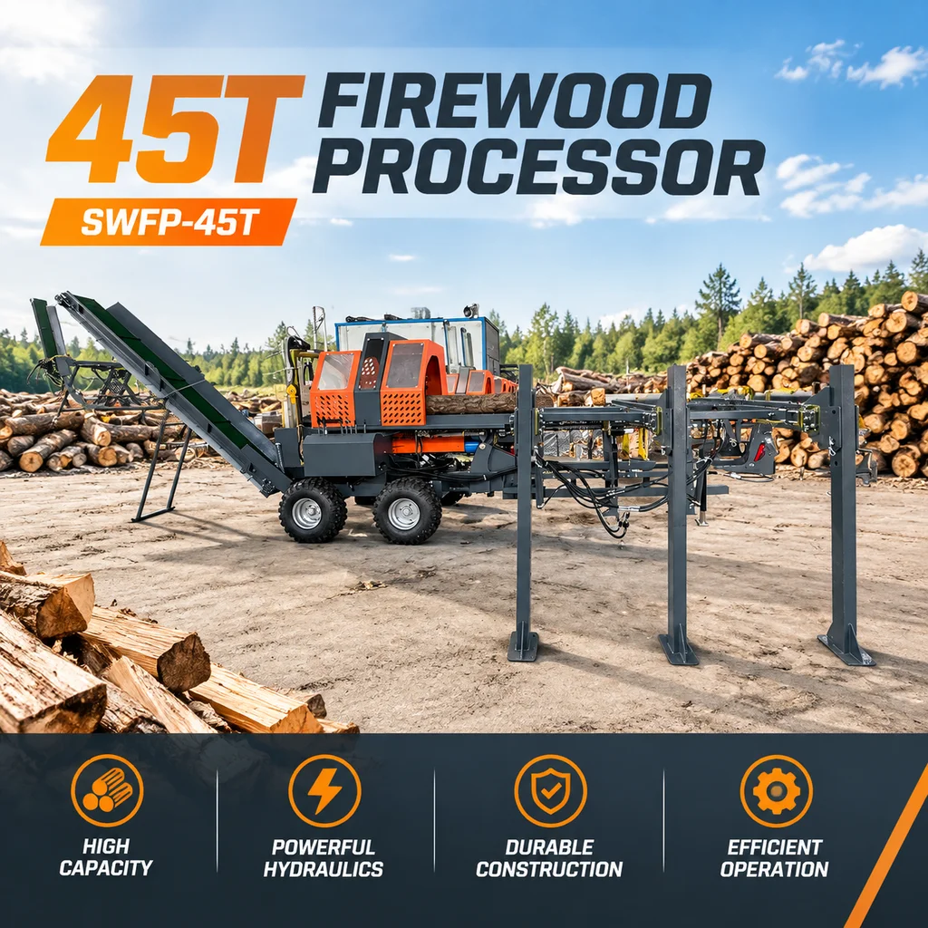 45T Firewood Processor Hydraulic Log Splitter 27HP Engine 500mm Diameter 600mm Length 3200mm Conveyor