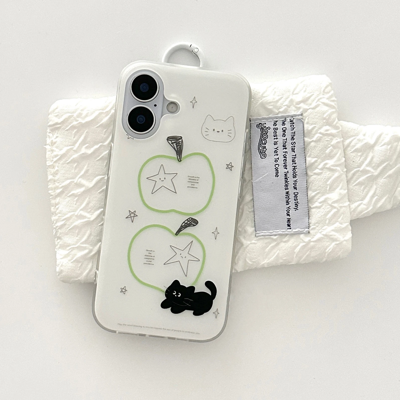 Korean Ins Green Apple Cat Phone Case for Samsung Galaxy S26 S25 S24 S23 S22 S21 FE Ultra Plus 4G 5G Feather Texture Back Cover