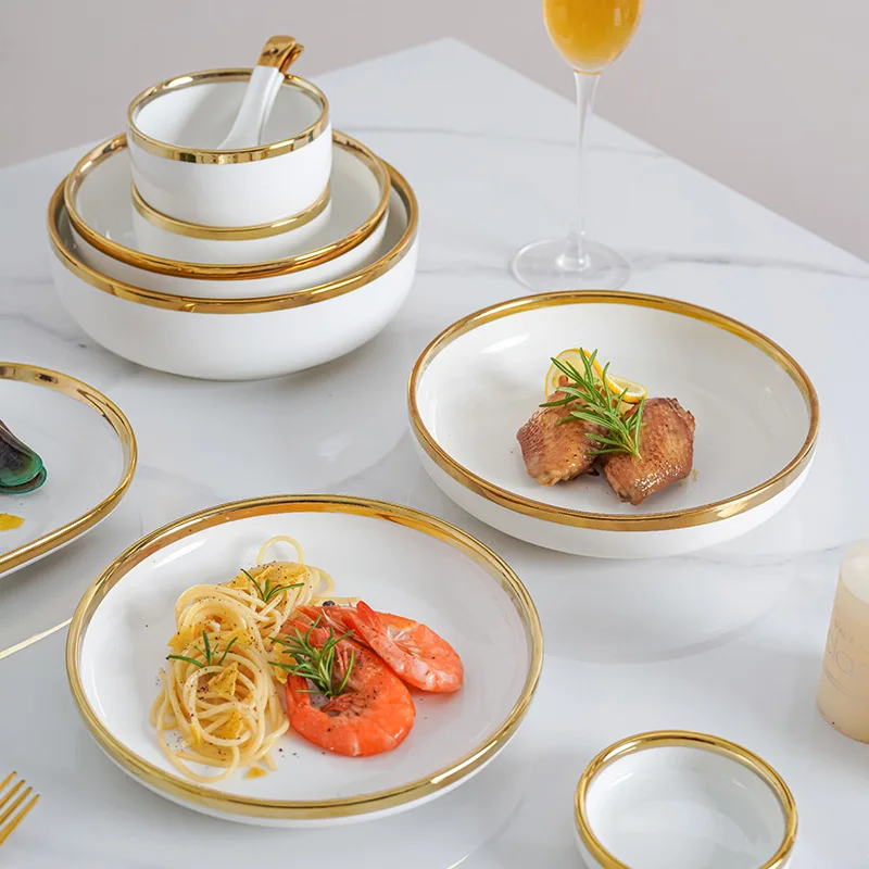 الأوروبي الأبيض الذهب الجانب أدوات المائدة وعاء الأرز لوحة صحن سلطة الفواكه طبق عميق المطبخ أدوات المائدة لوحة الزفاف الديكور #6