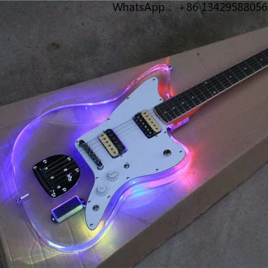 Flyoung High Quality Acrylic Electric Guitar 7 Colors LED Lights White Pickguard Maple Neck Plexiglass Guitar