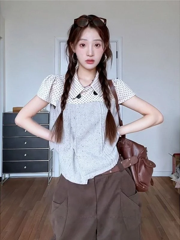 

Korean Polka Dot Short Sleeve Shirt Women Summer Casual Style Pleated Splice Color Block Slimming Peter Pan Collar Top