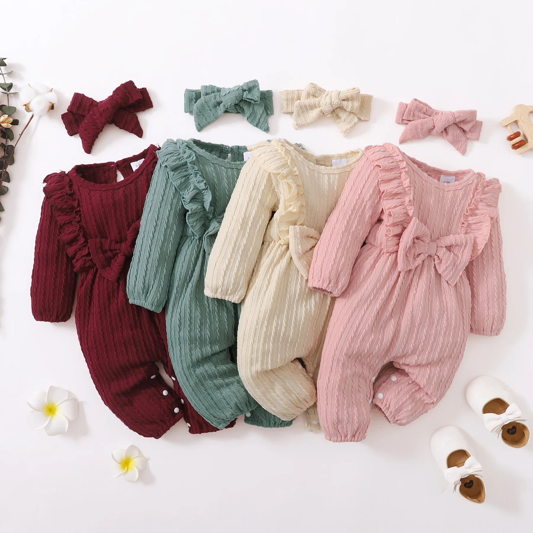 

0-18 Months Newborn Baby Girl Ruffled Solid color Stripes Bodysuit +Headband Cute Baby Girl Spring and Autumn Fashion Bodysuit