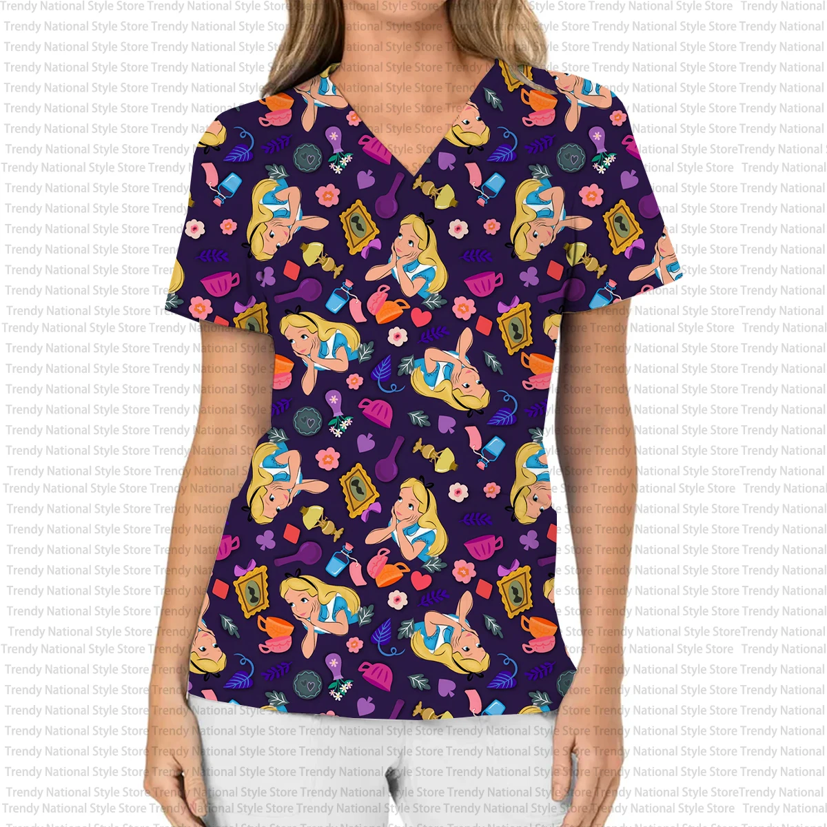 2025 New Elegant Women's Work Uniform V-neck Pocket Frosted Top Exquisite Disney Alice Cartoon Print Hospital Doctor T-shirt