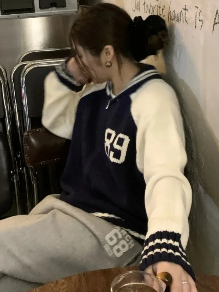 

Retro College Sle Knitted Sweater Jaet with Double Zipper Long Sve Color Blo Flower Pattern Chic Autumn Winter New A...