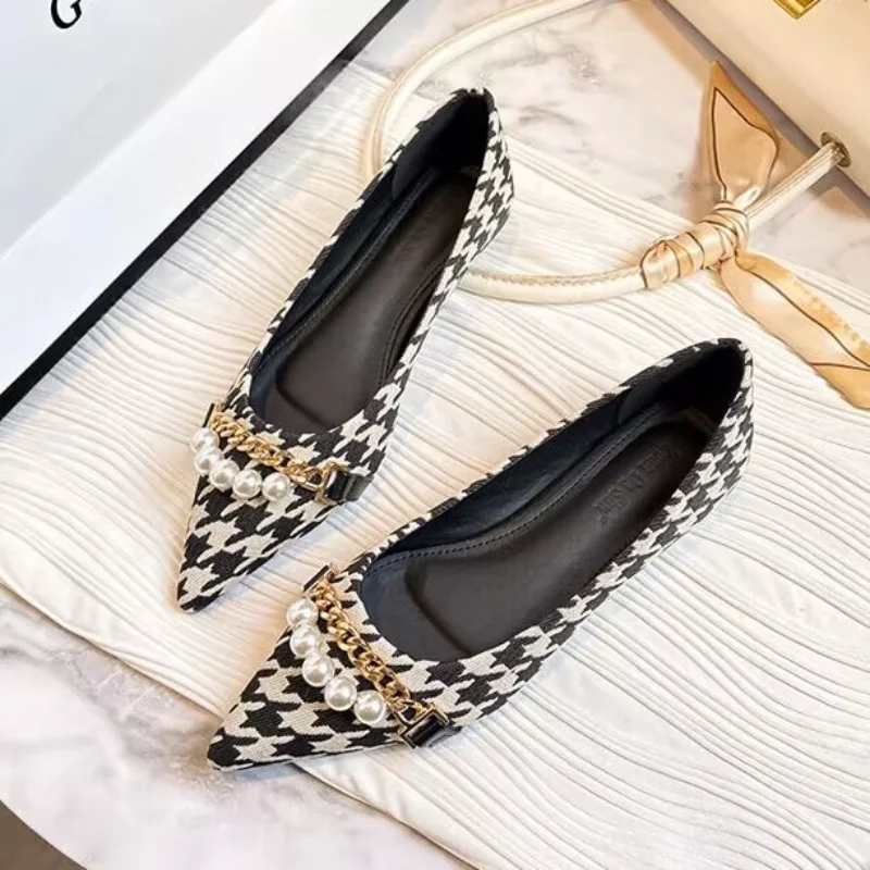 Normal Leather Casual Pearl Pointed Toe Formal Shoes for Woman 2024 Flats Flat Women\'s Summer Footwear Office Chic and Elegant E