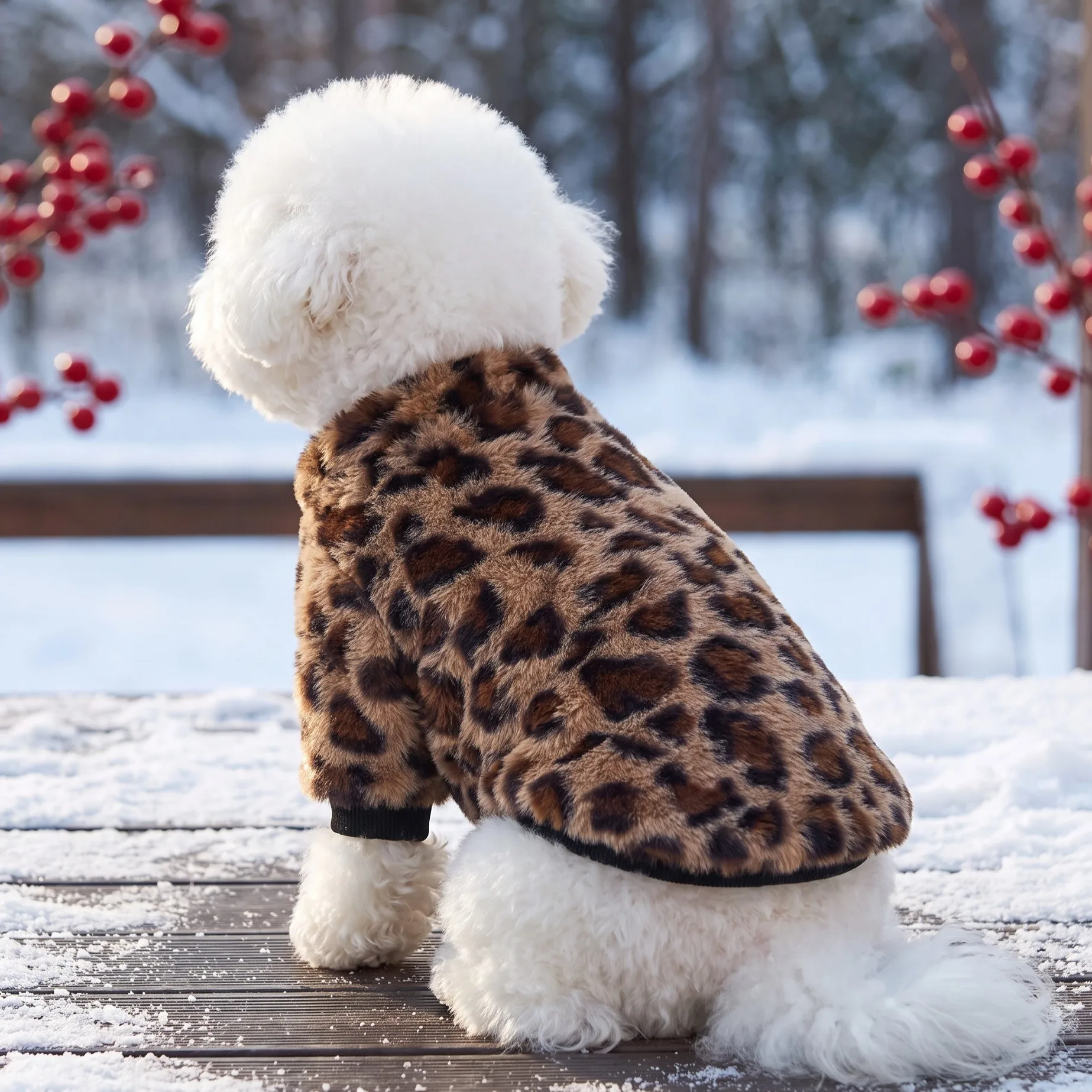 Hundepullover, Oberteil für Haustiere mit Leopardenmuster und Kunstfell, Reißverschluss auf der Rückseite, dicke, flauschige, lange Ärmel, hält warm im Herbst und Winter.
