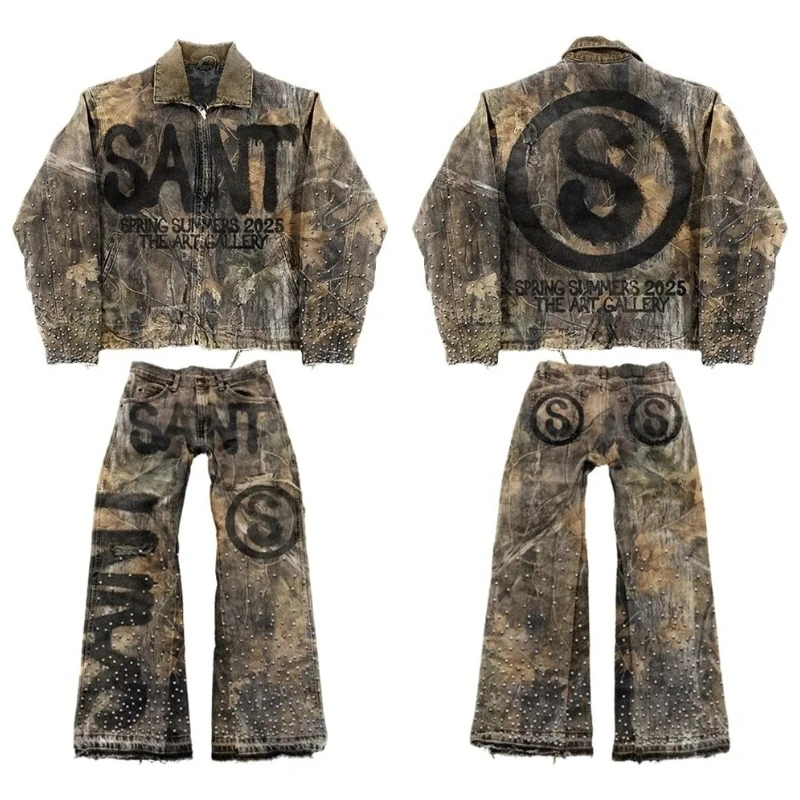 2025 new American retro hip-hop streetwear zipper jacket jeans two-piece set Y2K suit letter patchwork embroidered blue jacket