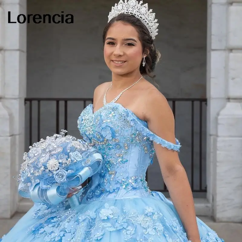 Lorencia niebieska sukienka na Quinceanera 2024 aplikacja z odkrytymi ramionami 3D kwiaty z meksykańskim gorsetem słodkim 16 Vestidos De 15 Años YQD613