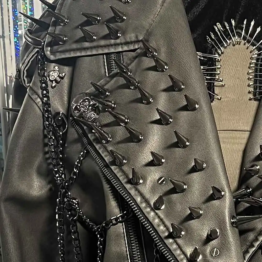 Goth chaîne manteau Grunge Harajuku Vintage à la mode e-girls Y2K veste en cuir PU Punk Rock gothique Emo Spike clouté Rivet