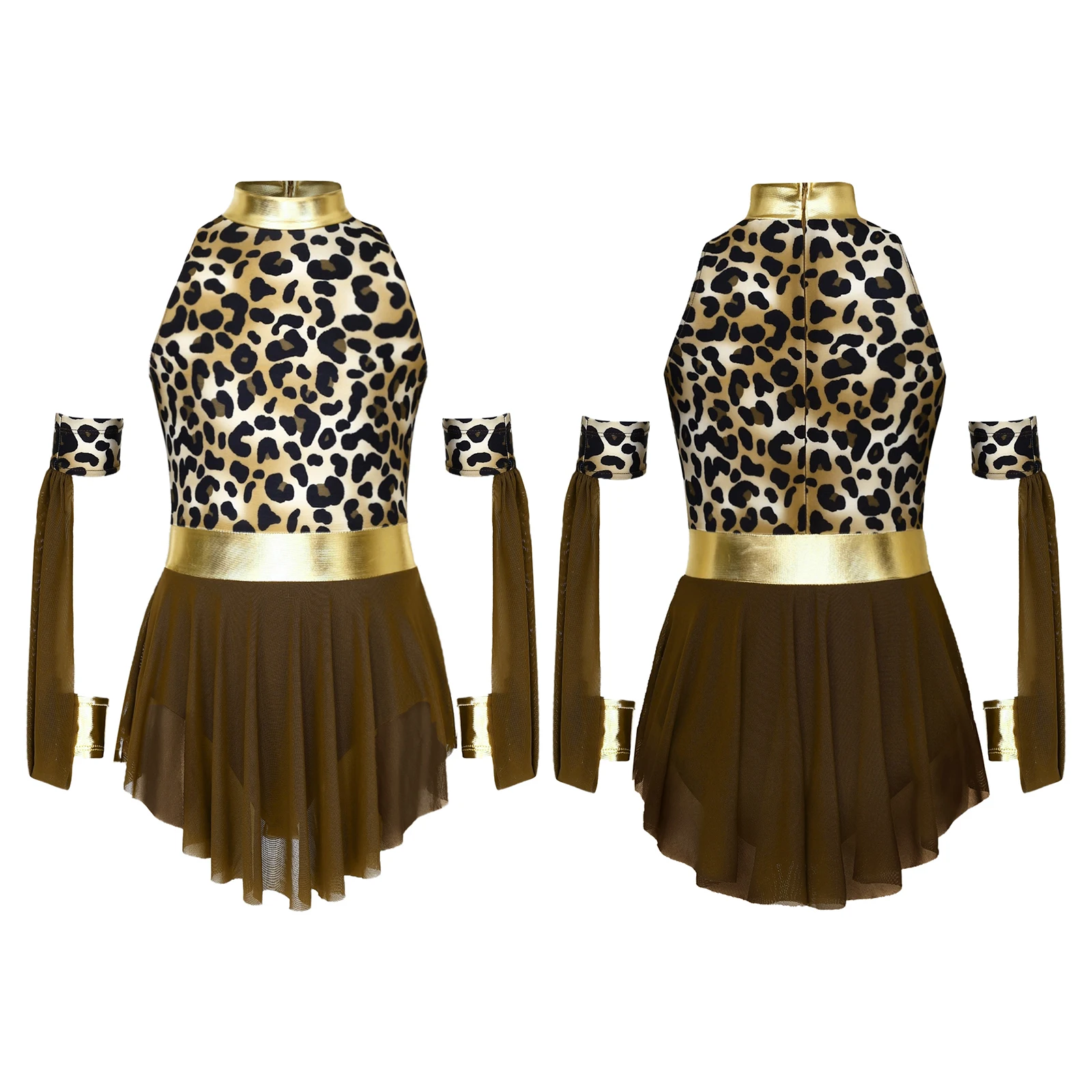 

Girls Prehistoric Cave Costume Dress-up Halloween Carnival Party Leopard Print Metallic Sleeveless Tutu Dress with Oversleeves