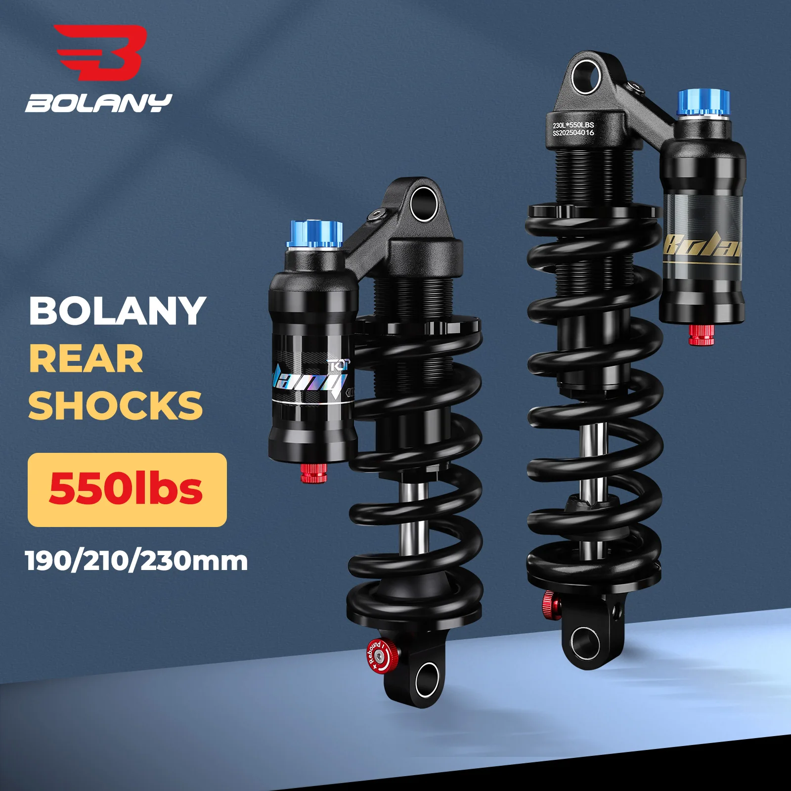 BOLANY MTB Rear Suspension Shock 190/210/230/240/250/265mm Alloy Adjustable Coil Spring for Downhill Electric Mountain Bikes