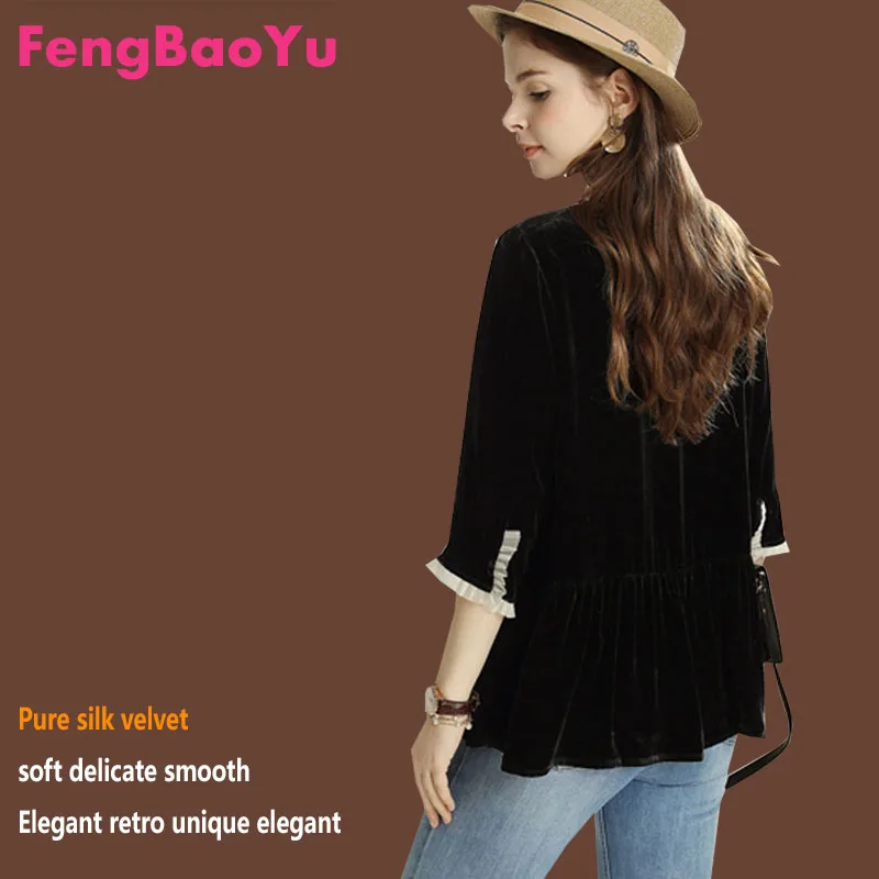 

Fengbaoyu Женская рубашка из 100% высококачественного шелка и бархата — топ с рукавами три четверти — элегантная, удобная, мягкая, повседневная одежда