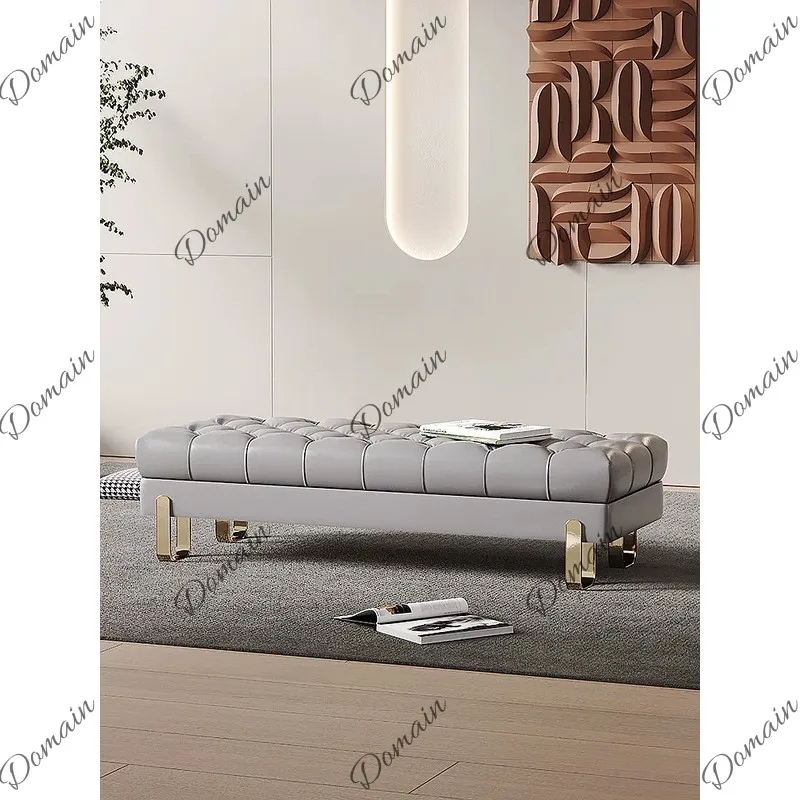 Bedroom Modern Leather Bench, Solid Wood Long Settee, Minimalist End of Bed Storage Stool for Living Room
