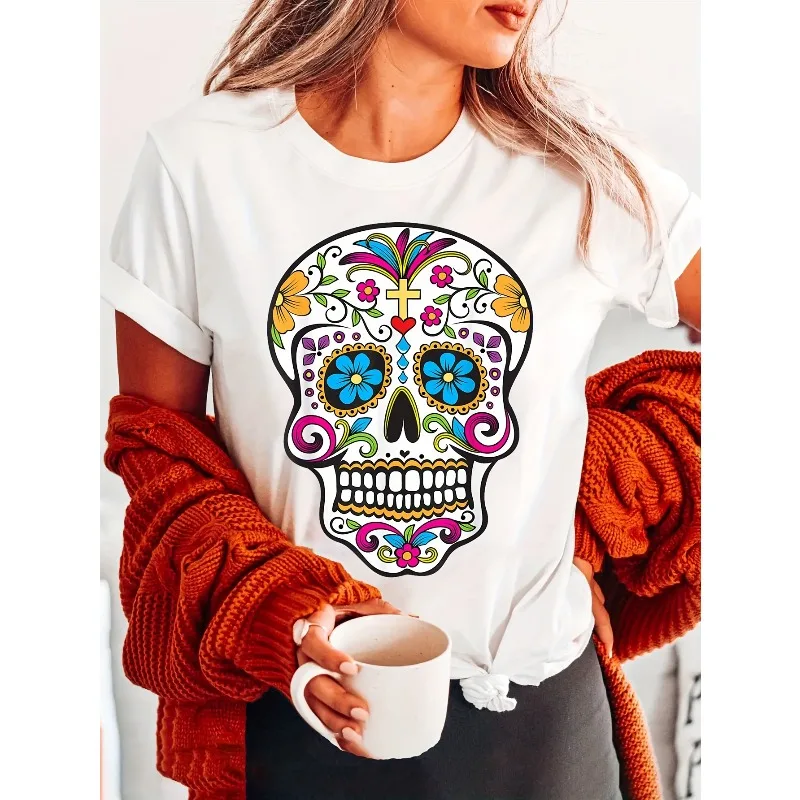 Women Day of The Dead Sugar Skull Printed T-shirt Colorful Mexican D Í A De Los Muertos Designed Skull Pattern Festival T-shirt