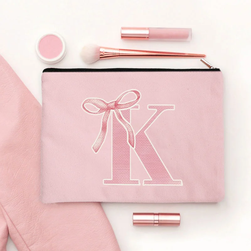 Pink Makeup Bags Initial Letter Cosmetic Zipper Pouch for Sister Girls Beauty School Graduation Travel Organizer Toiletries Bag