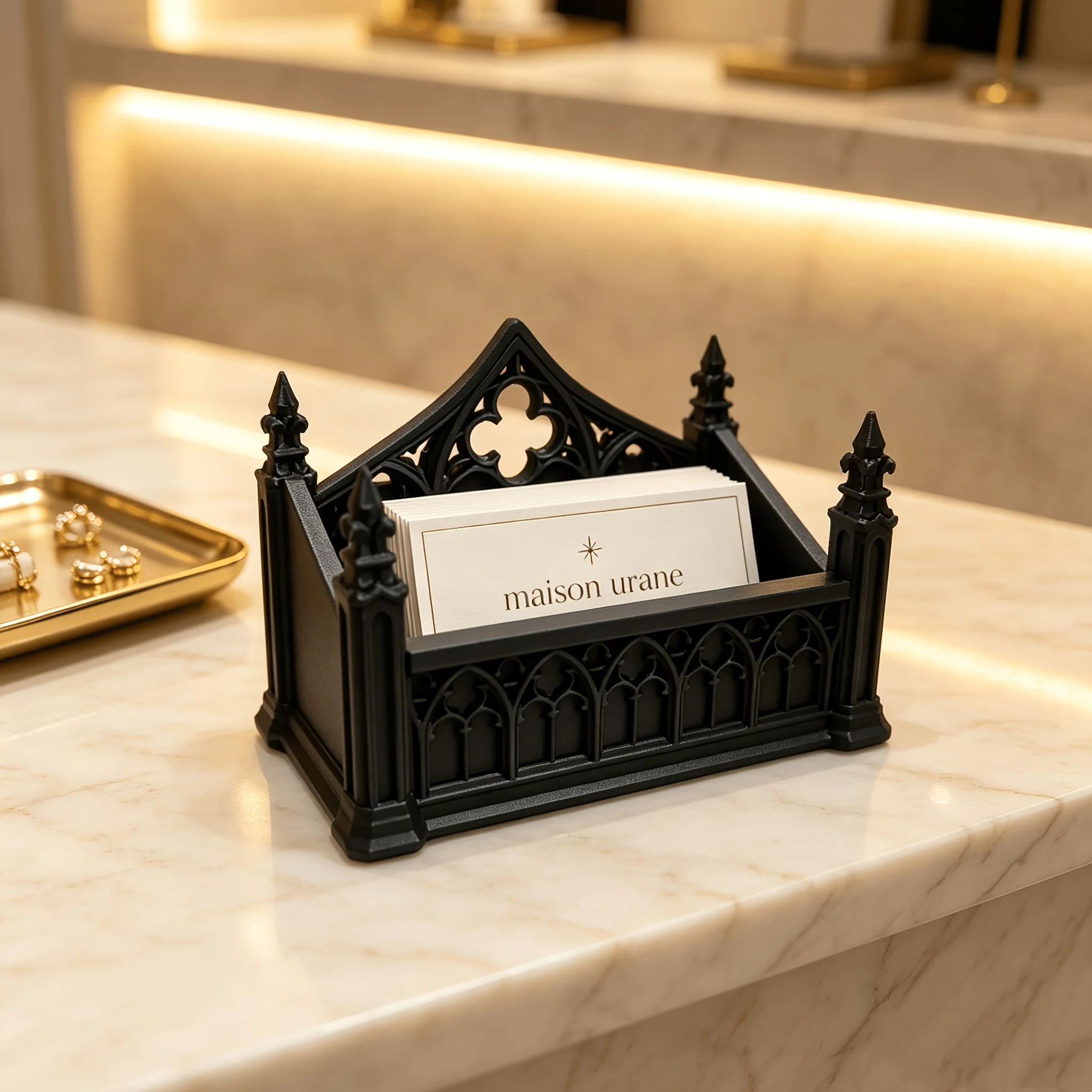 Retro Gothic Business Card Holder Black Halloween Desktop Organizer 3D Printed Office Desk Card Stand Desk Display Rack view 5