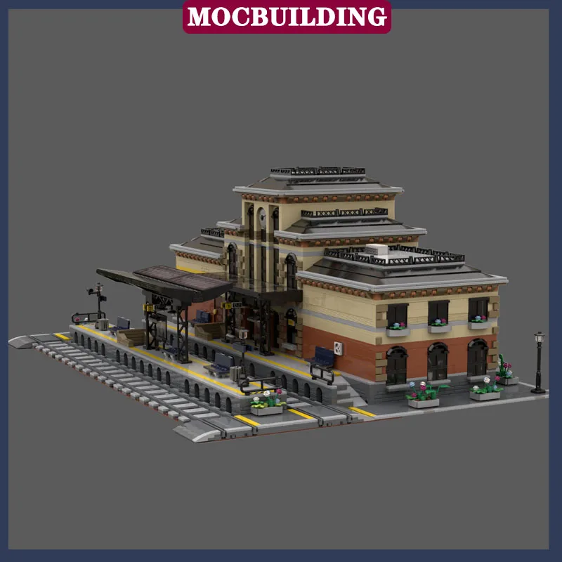 MOC City Modern Railway Station Model Set Assembly Building Block Train Collection Series Toy Gift