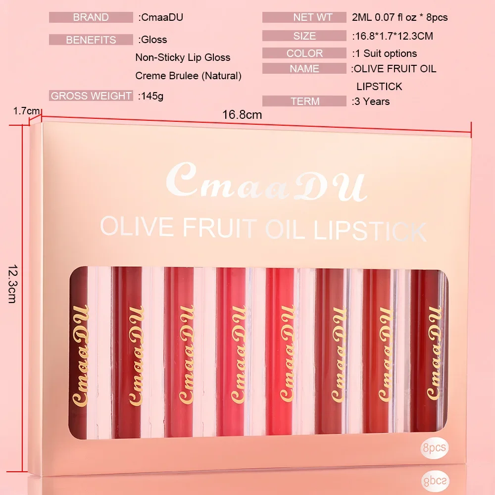 CmaaDu 8 Colors / Set Mirror Pearly Lip Gloss Lipstick Makeup Lasting Moisturizing Liquid Lip Stick Shine Glitter Lipgloss Women