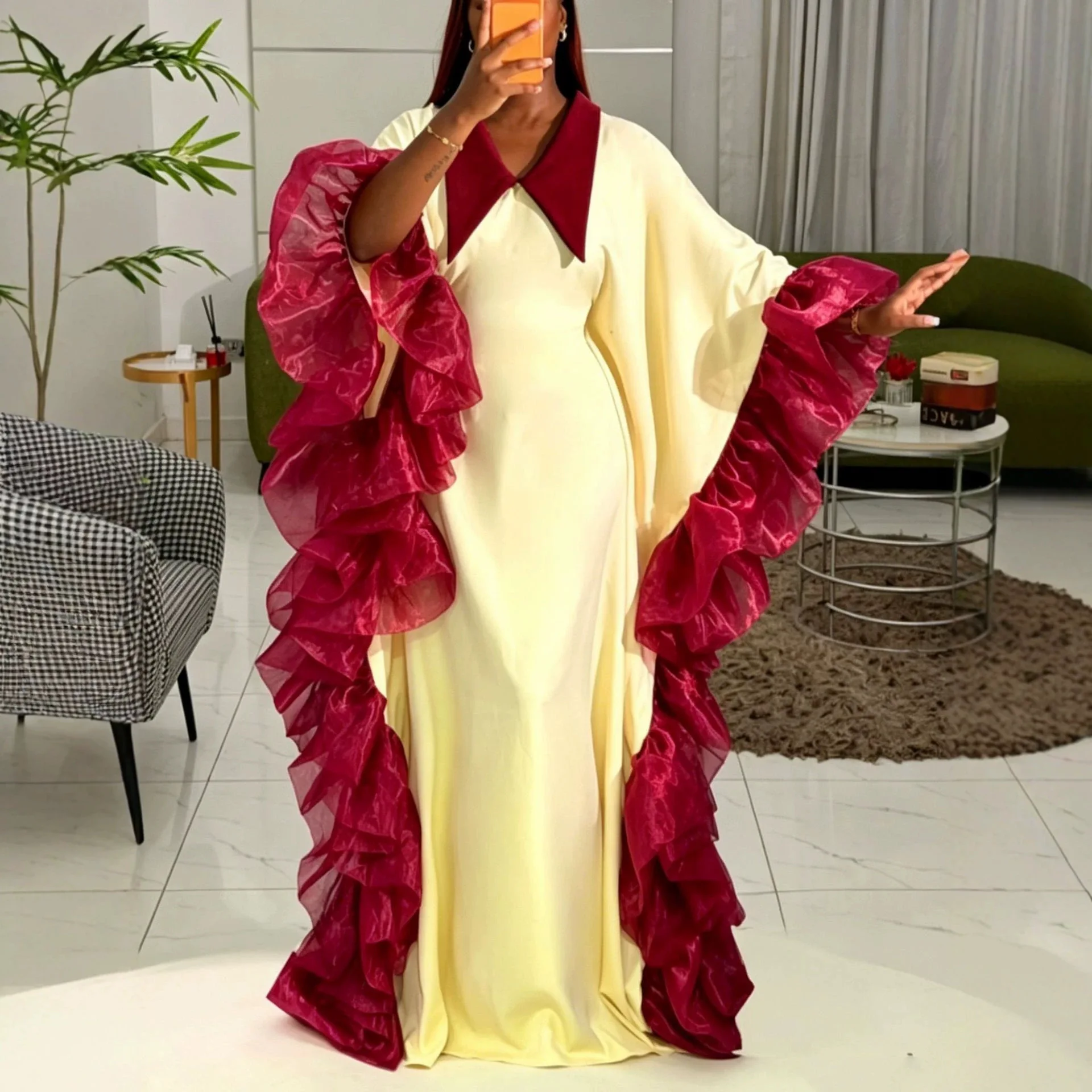 Plus-size Loose-fitting Bat-sleeve Dress With Multi-layered Ruffles And A Large Hem For Parties Boho Midi Beach Luxury